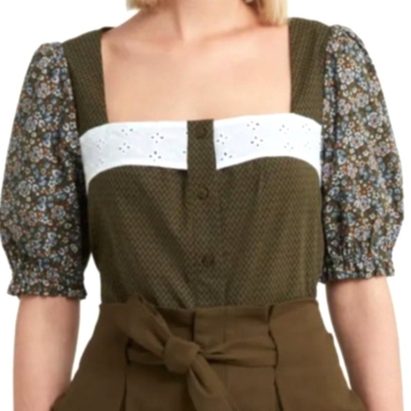 Halston Heritage Green Buttoned Front Blouse with floral puff sleeves NEW - Picture 9 of 9